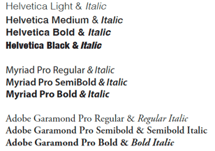 Helvetica Light, Medium, Bold, and Black; Myriad Pro Regular, SemiBold and Bold; Adobe Garamond Pro regular, semi-bold, and bold